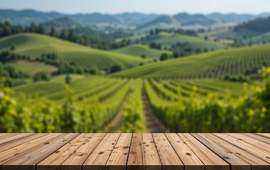 Wooden Podium in a Vineyard with Rolling Hills in the Distance