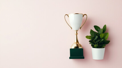 Fototapeta premium Trophy and plant on a pastel background, symbolizing achievement and growth.