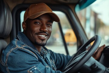 Happy black truck driver sitting in vehicle cabin and looking at camera. Generative AI