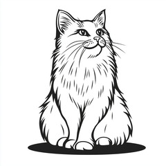 Simple line drawing of a Norwegian Forest Cat full body on a white background, 