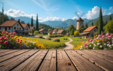 Wooden Podium Overlooking a Charming Village with a Windmill and Mountain Views