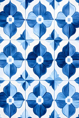 Watercolor abstract blue geometric tiles seamless pattern with ornamental element