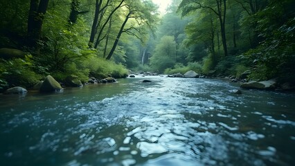 Obraz premium Serene Navy River Flowing Through Lush Forest, Clean Water Nature Preservation Theme