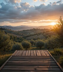Wooden Podium Overlooking a Tuscan Sunset