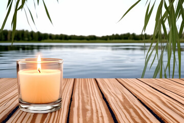 Lit candle on wooden dock overlooking tranquil lake; serene nature scene, perfect for relaxation or spa promotions