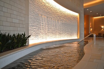 hotel lounge with an indoor pool, highlighted by a modern water feature and soft white lighting on one wall, offering a relaxing and elegant atmosphere.