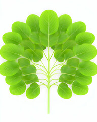 Lush green leaves arranged symmetrically on a branch, isolated on white background; ideal for nature, health, or eco-friendly designs