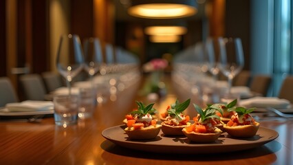 Fototapeta premium Elegant Fine Dining Reception, Appetizers on Polished Wooden Conference Table at Corporate Event