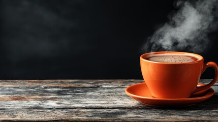 Steaming orange coffee cup on rustic wooden table with dark background