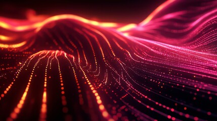 Abstract red and orange glowing particle wave background.