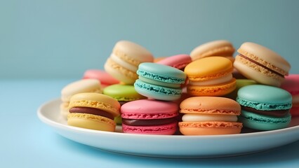Obraz premium Vibrant Colorful French Macarons and Sugar Cookies on White Plate - Sweet Treats Bakery Photography