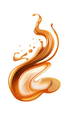 Fototapeta premium 3d Caramel splash, sweet liquid candy swirl and wave, splashing with droplets. 3d Melted toffee syrup with splatters and dynamic motion isolated on white background