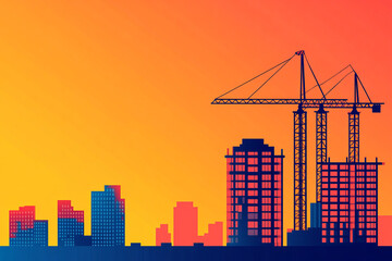 Construction site silhouette at sunset with cranes and buildings