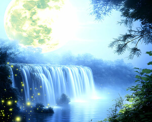 Fototapeta premium Magical moonlit waterfall cascading into tranquil pool, fireflies illuminating night scene; ideal for fantasy, serenity, or nature themes
