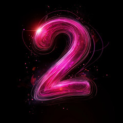 The number "2" is created using long exposure photography, with a black background, red light, pink glow effect, glowing lines, smooth curves, dynamic composition, and flowing text