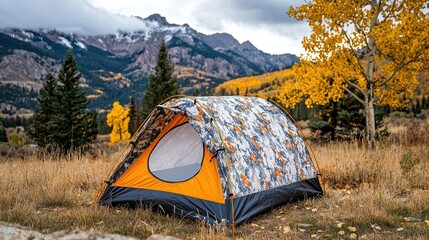 Bright orange camping tent in stunning autumn landscape with mountains and golden trees under cloudy sky