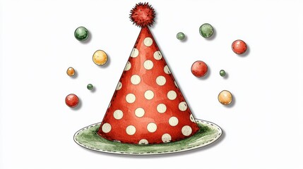 Colorful Party Hat with Polka Dots and Cheerful Decorations