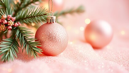 Fototapeta premium Pink Christmas Ornament with Festive Glitter and Pine Branch