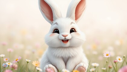 Obraz premium Adorable White Bunny in a Flower Meadow
