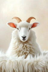 Naklejka premium Majestic white ram portrait against soft background, ideal for farm animal, wool, or nature themed projects