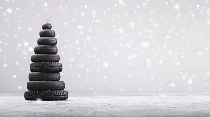 Obraz premium Christmas tree made of car tires is standing on snowy ground during snowfall, copy space