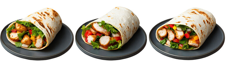 Set of delicious chicken wraps on a grey plate, isolated on a transparent background