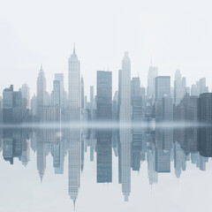 Fototapeta premium White background, New York cityscape, buildings in the center of the frame, white and gray tones, light reflection on glass surfaces, minimalist style, high resolution, detailed te