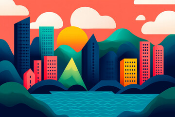 Futuristic cityscape with colorful buildings, mountains, and sunset. vibrant design showcasing harmony between nature and
