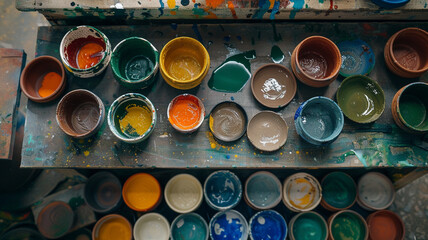 Glazing Station for Handmade Pottery: A comprehensive setup for glazing handmade pottery, showcasing an array of colorful glazes and the detailed processes involved in ceramic art.