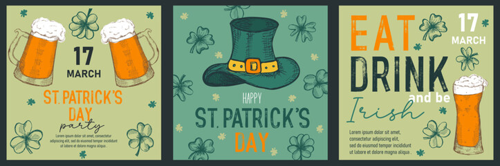 Set of trendy templates for Happy St Patrick's day with clovers, leprechaun hat, beer mugs. Great for invitation, greeting cards, flyers, banners and posters. Vector illustration
