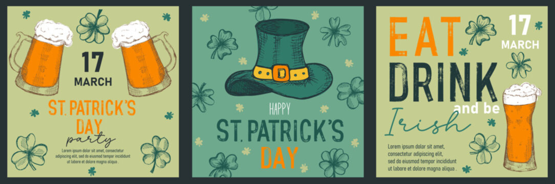 Set of trendy templates for Happy St Patrick's day with clovers, leprechaun hat, beer mugs. Great for invitation, greeting cards, flyers, banners and posters. Vector illustration - Powered by Adobe