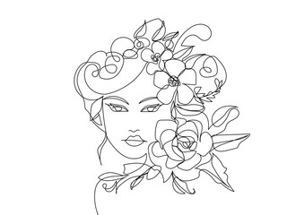 Continuous fashion line drawing hair face style concept. Beautiful minimalist woman, vector illustration.