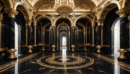Obraz premium Opulent Black and Gold Palace Hall: A Grand Interior Design