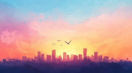 Cityscape Sunset Birds Fly Above Buildings