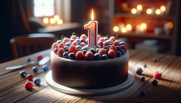 A joyous moment captured with a cake, single candle, and the number one symbolizing a first birthday.