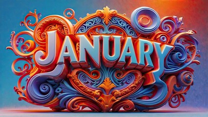 Fototapeta premium 3D illustration letter january, surrounded by ornate decorative and ornamental shapes 