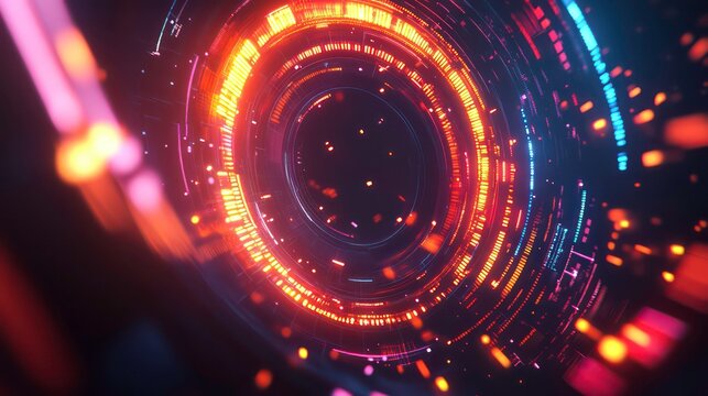 Abstract circular light trails and glowing particles, vibrant neon colors.
