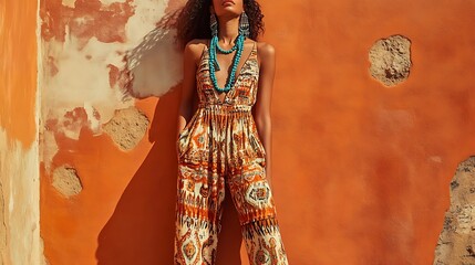 Woman in patterned jumpsuit against orange wall.