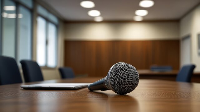 Side view of microphone and tablet computer placed on meeting table in conference room of local administration, copy space
