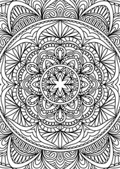Black Outline Intricate Mandala Pattern. Yoga, meditation poster. Coloring book page.