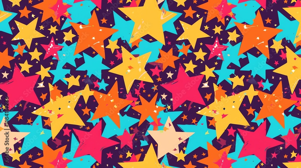 Poster a seamless pattern of colorful stars on a dark background with a grunge effect.