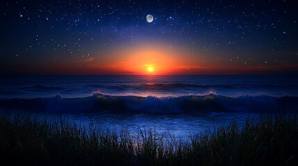 Fototapeta premium Majestic Night Sunset over Ocean Waves: Starry Sky, Moonlit Horizon
