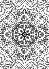 Black Outline Intricate Mandala Pattern. Yoga, meditation poster. Coloring book page.