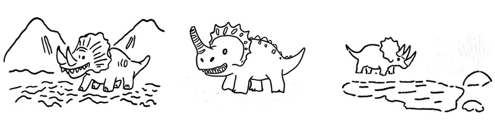 Obraz premium A black and white outline cartoon of a triceratops, reminiscent of a kids coloring book page