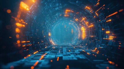 Obraz premium Abstract Digital Tunnel Glowing With Orange And Blue Light