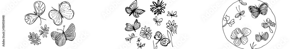 Aufkleber hand drawn round shape coloring page for kids and adults. coloring book featuring butterfly and flow