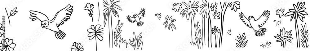 Poster Hand-drawn round shape coloring page for kids and adults. Coloring book featuring a parrot and tropical leaves. Beautiful illustrations with patterns and intricate details. Modern graphics