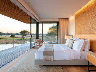 Luxurious modern bedroom overlooking scenic landscape relaxing retreat photography contemporary design interior view tranquility and comfort