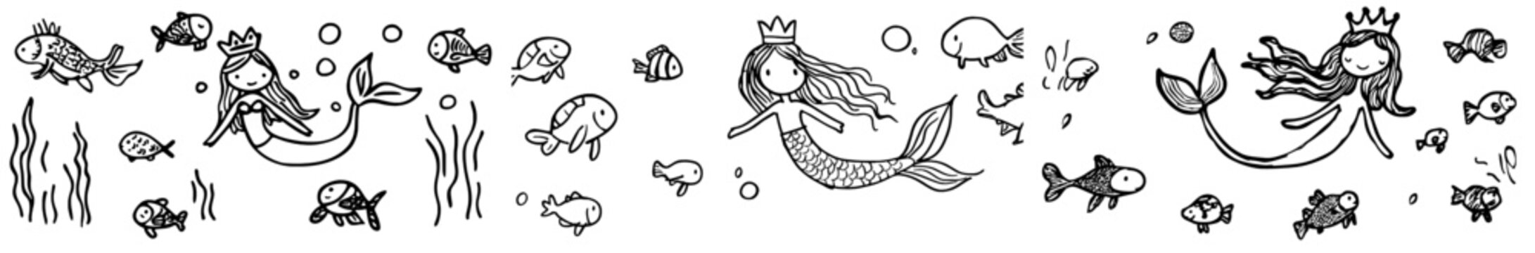 Cute little mermaid girl wearing a coral tiara converses with a small sea turtle, outlined for coloring, on a white background
