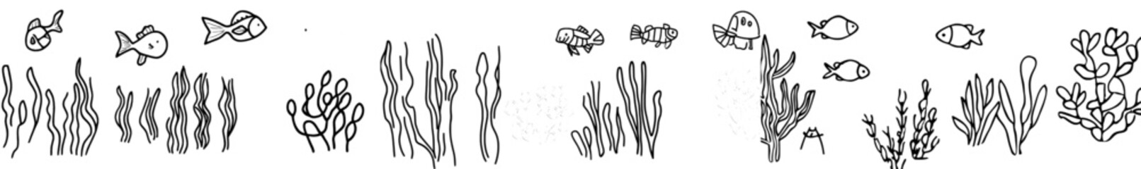 Naklejka premium Horizontal seamless background featuring the seabed and its inhabitants, including coral on stones, anemones, seaweed, fish, and sponges, presented as a linear drawing suitable for coloring